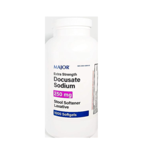 Major Docusate Sodium 250mg 1000 Softgels bottle and pills