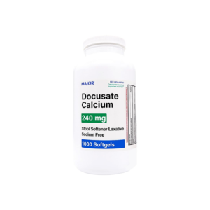 Major Docusate Calcium 240mg 1000 Softgels bottle and pills.